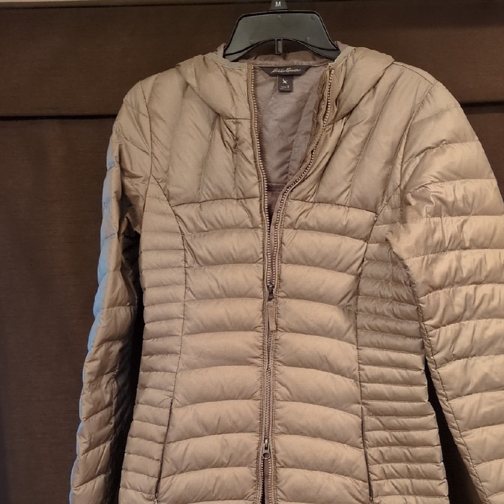 Tan Quilted Puffer Jacket with Stand-Up Collar